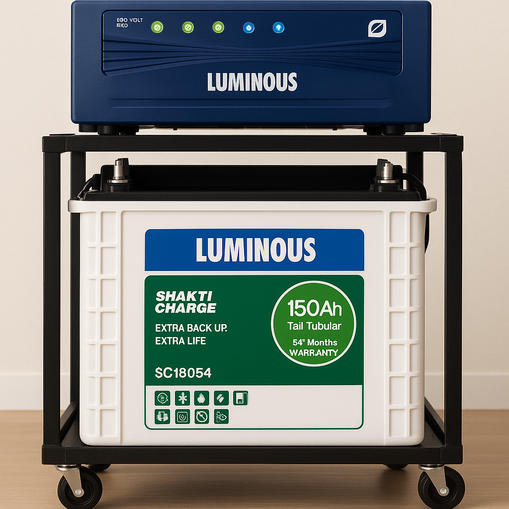 Luminous inverter mounted above a sturdy trolley with 150Ah tubular battery underneath, showing portable home power backup setup