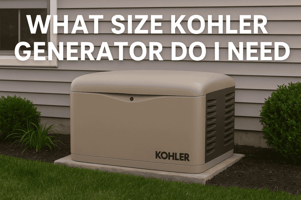 Close-up view of a Kohler residential standby generator with company branding.
