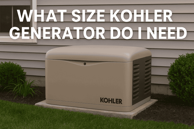 Close-up view of a Kohler residential standby generator with company branding.