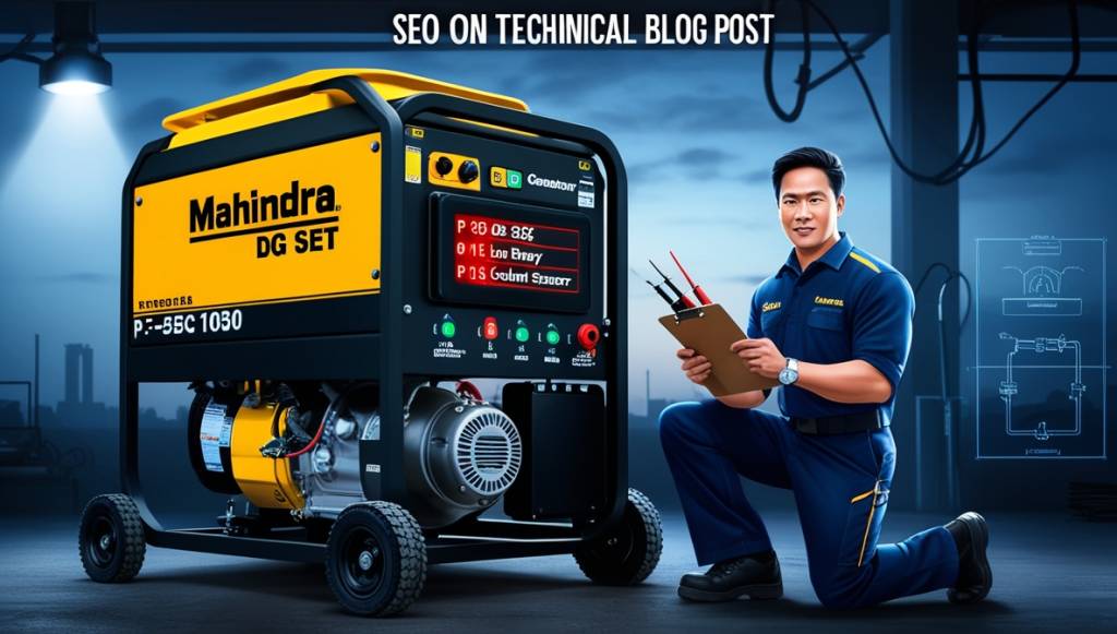 mahindra dg set fault code list Industrial workshop at dusk featuring Mahindra DG set fault code list on screen, technician resolving crankshaft sensor error P-0335.