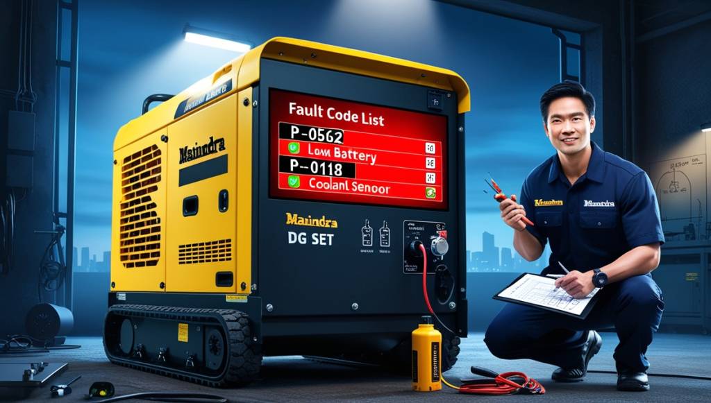 Close-up view of Mahindra DG set fault code list on EMS controller showing P-0118 coolant sensor issue and battery voltage warnings.