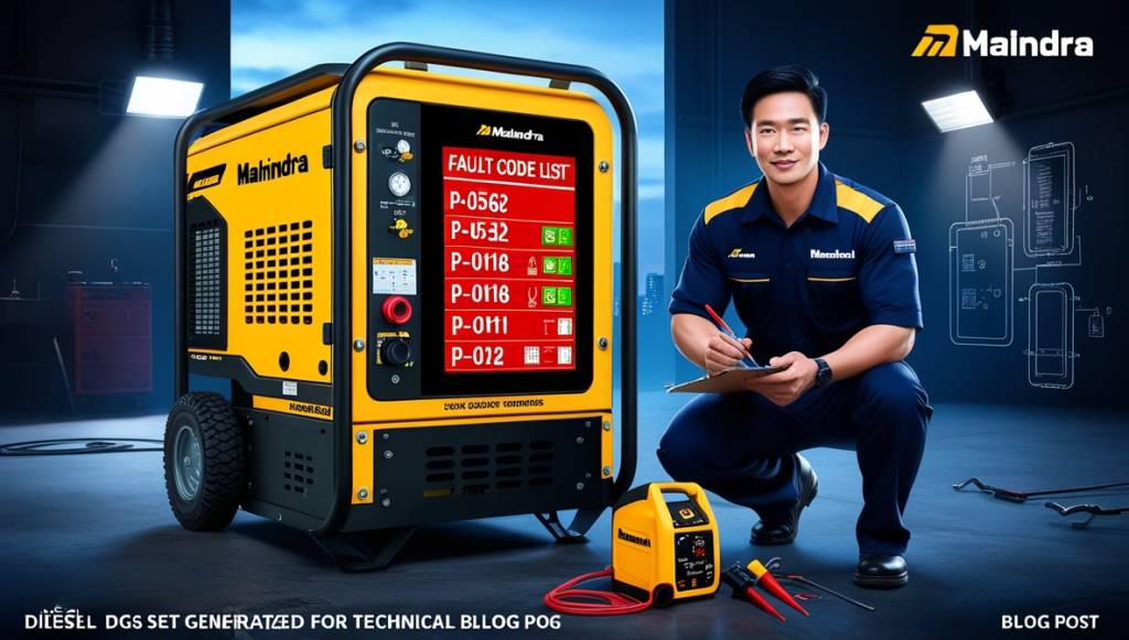 mahindra fault code list Mahindra DG set fault code list displayed on control panel with technician using multimeter for troubleshooting in industrial workshop.