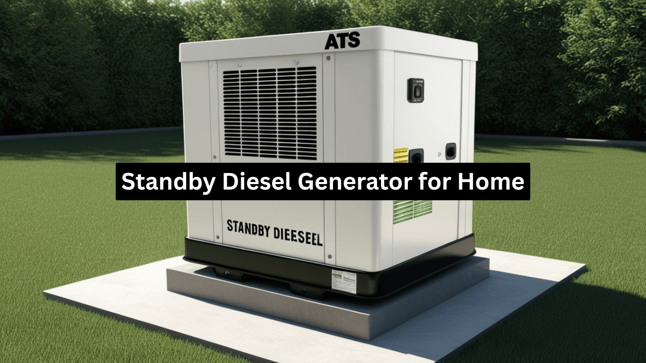 Close-up of a standby diesel generator with automatic transfer switch installed outdoors