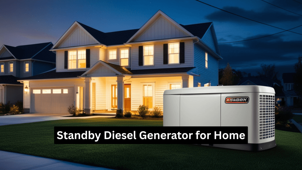 Suburban U.S. home powered by a standby diesel generator during a nighttime outage