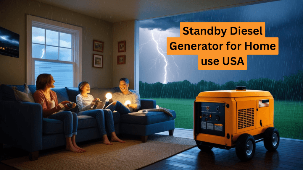 U.S. family enjoying power indoors while standby diesel generator runs outside during storm