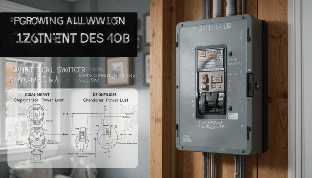 Labeled diagram showing manual generator transfer switch installation with main electrical panel and outdoor generator power inlet.