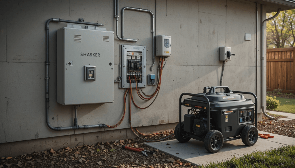 Outdoor portable generator connected to a generator transfer switch and electrical control panel mounted on a house wall.