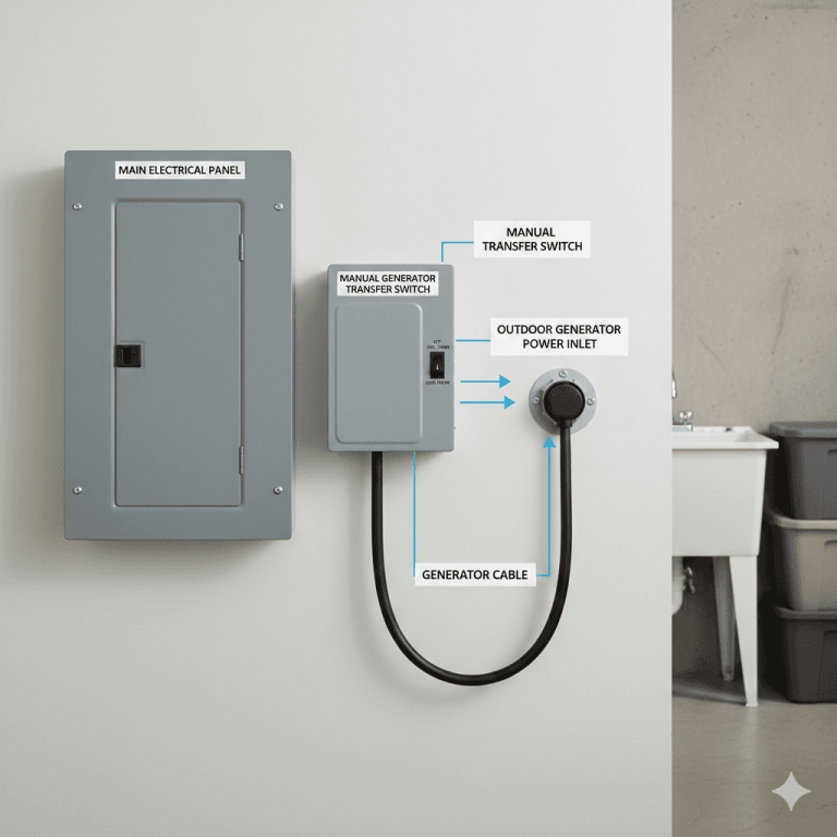Indoor generator transfer switch installation next to home electrical panel with wiring diagrams and circuit routing labels.