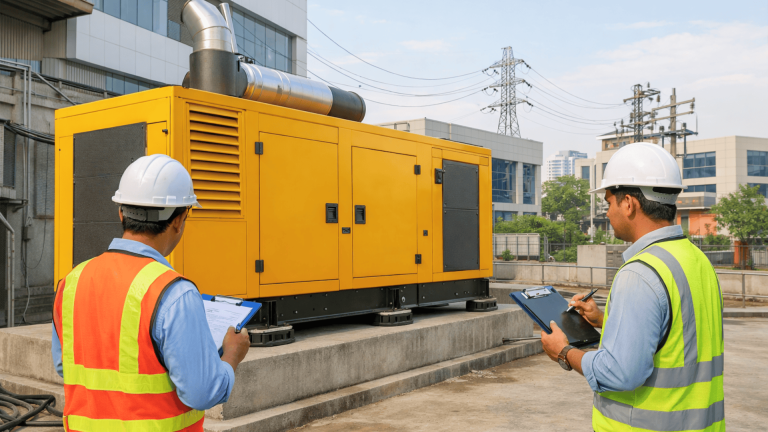 Diesel generator installation rules in India – engineers inspecting CPCB compliant DG set installed on concrete foundation near commercial building