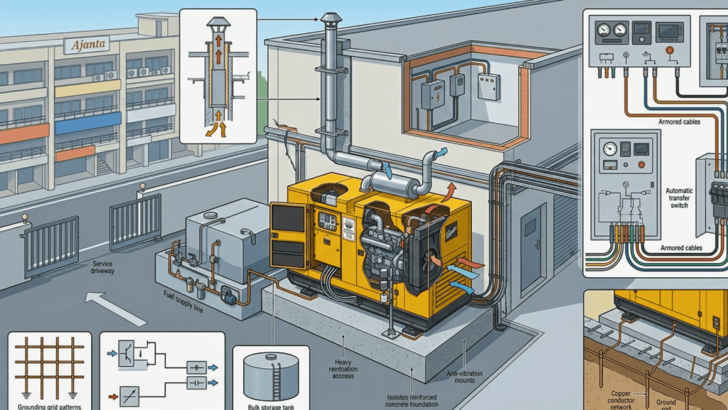 Diesel generator installation rules in India technical diagram showing DG set foundation, exhaust system, fuel tank, electrical panel and grounding setup