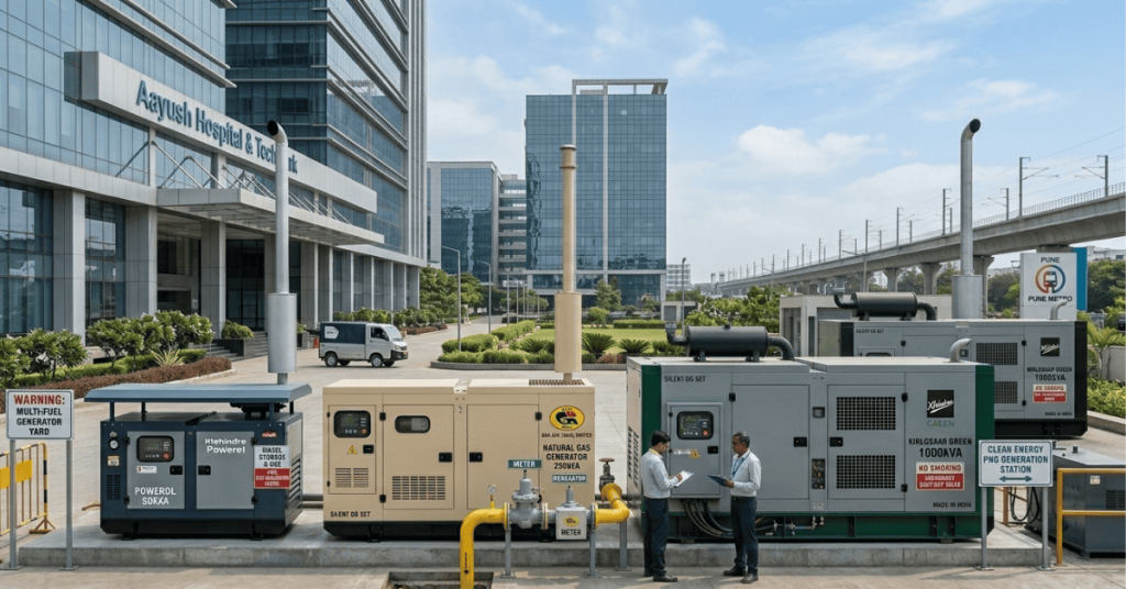Silent diesel and PNG gas generator sets installed outside a commercial building in India representing silent DG set manufacturer and PNG DG set manufacturers in India