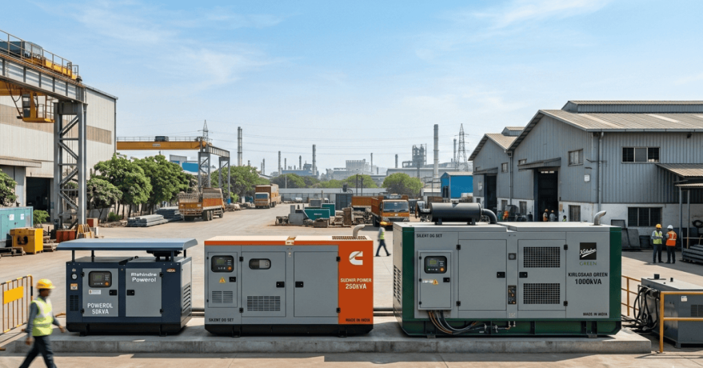 Top DG set manufacturers in India showing silent diesel generator sets of different capacities installed at an industrial facility