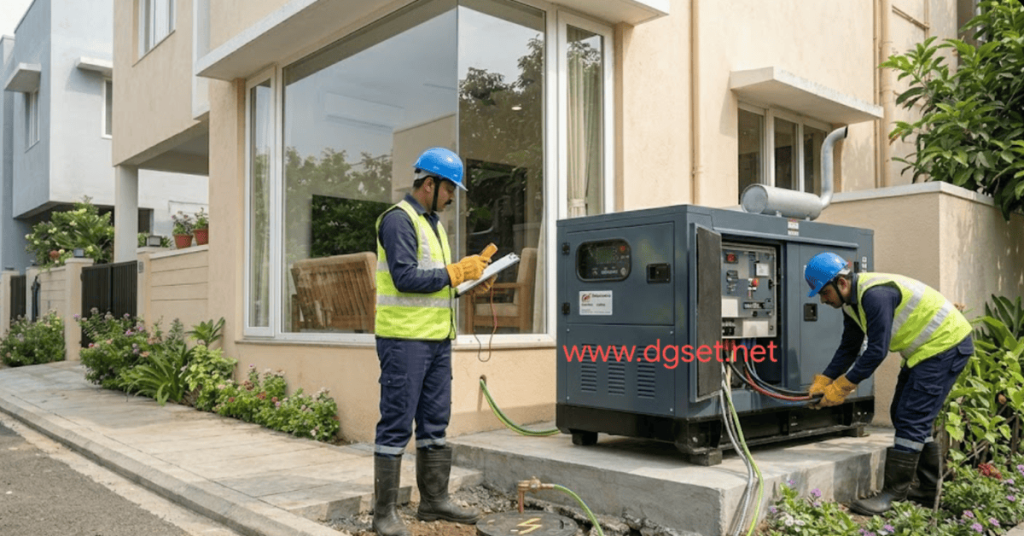 technicians installing diesel generator set for home use with proper wiring and earthing in India