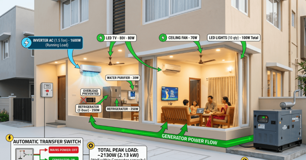 generator set for home use powering appliances with load calculation chart for Indian house