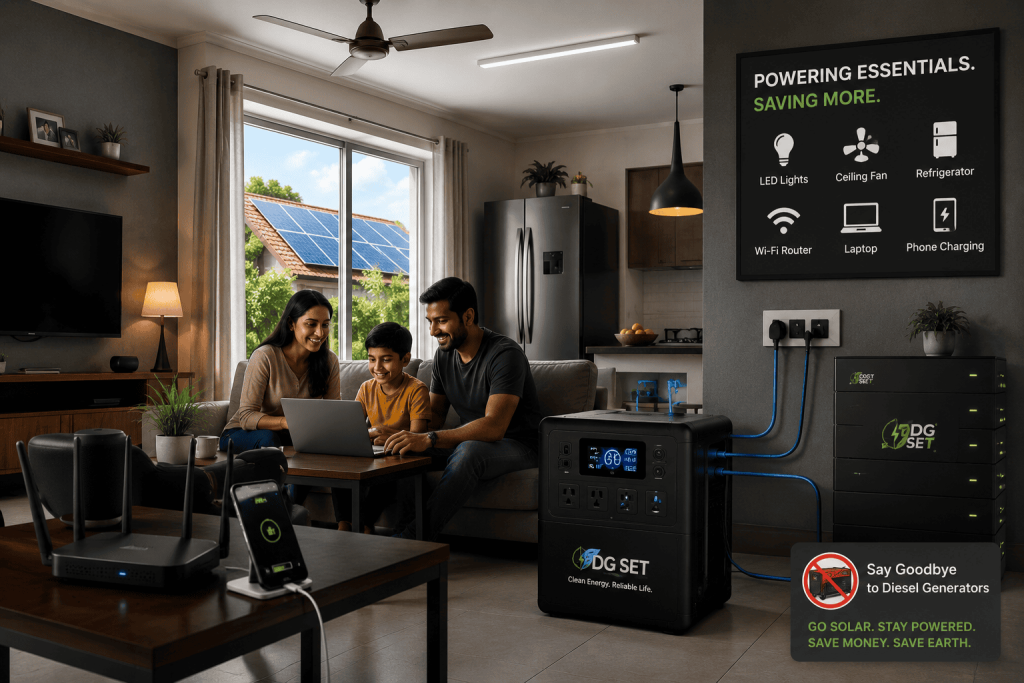 Electric generator for home solar powering essential appliances during a blackout in a modern living room