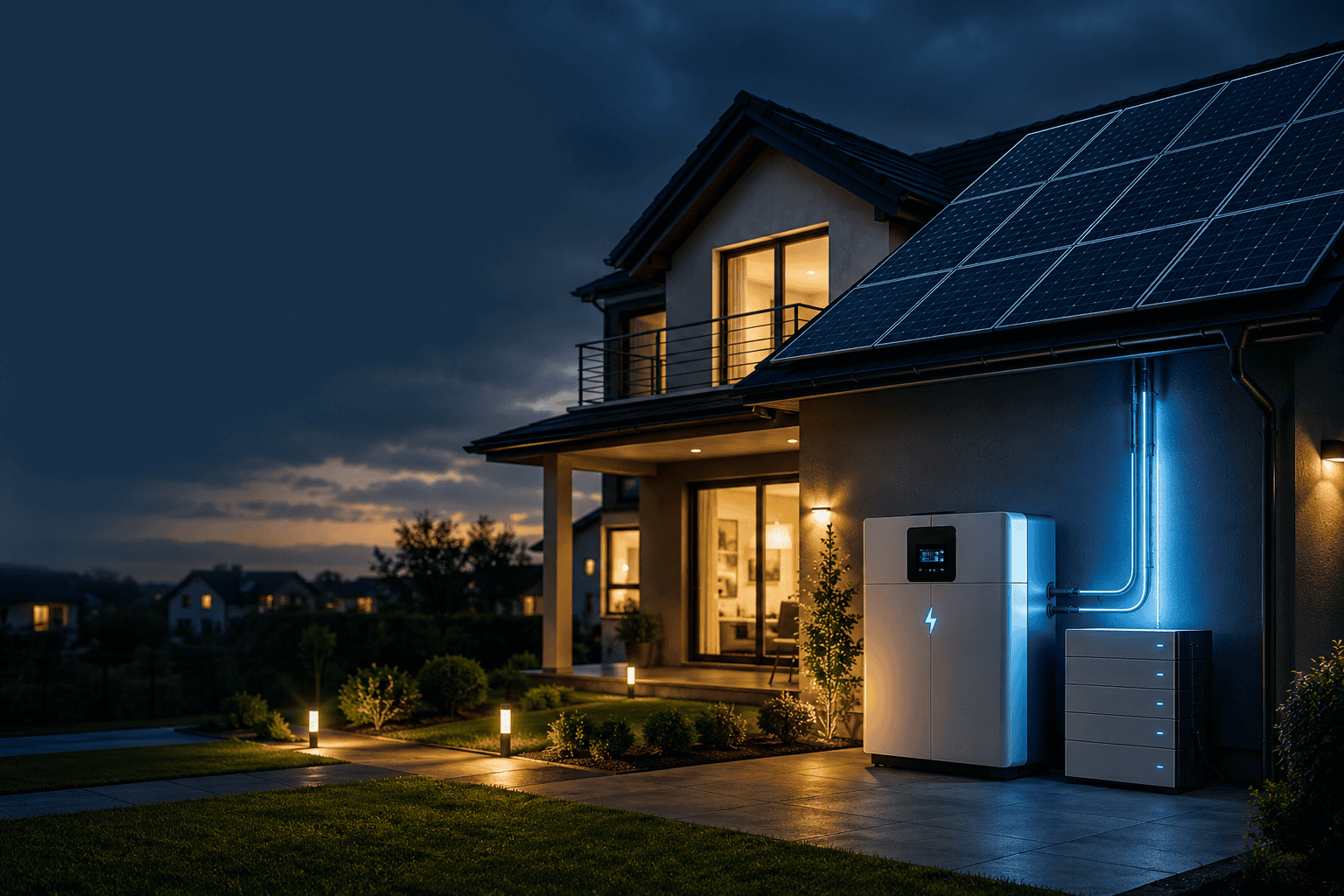 Electric generator for home with solar panels providing backup electricity during a nighttime power outage