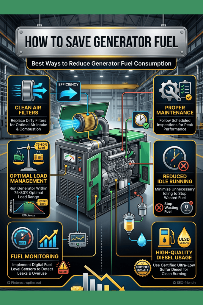 How to save generator fuel infographic showing maintenance, load management, and diesel fuel efficiency tips