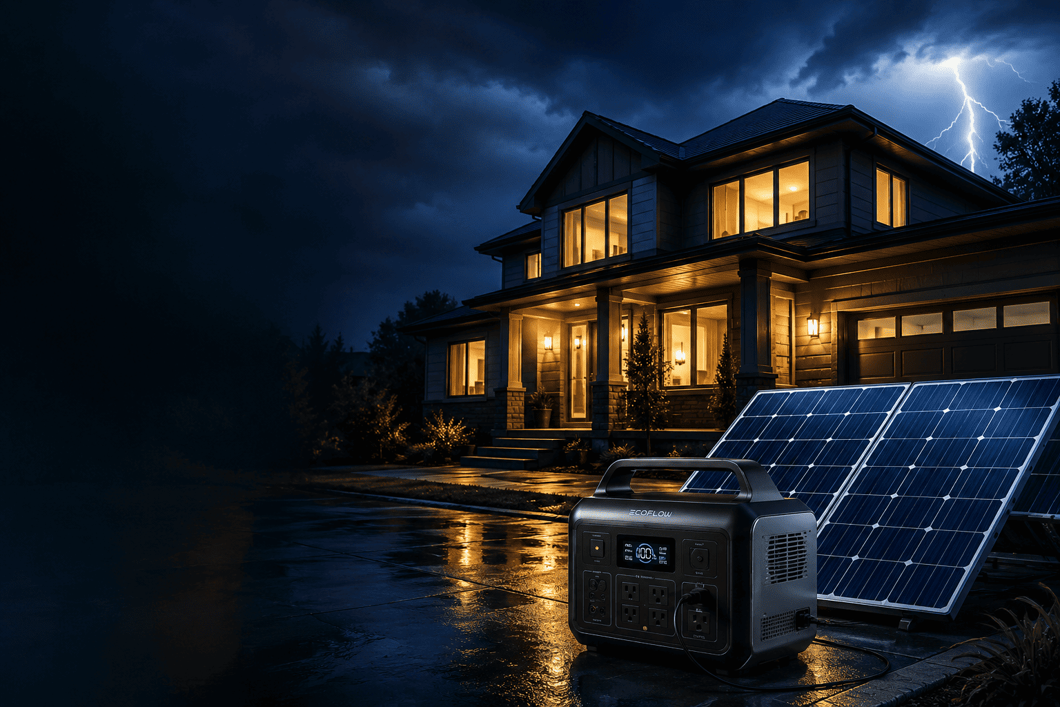 Solar generator for house power outage with solar panels powering a modern home during a nighttime blackout