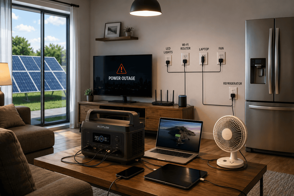 Solar generator powering home appliances during a house power outage in a modern living room