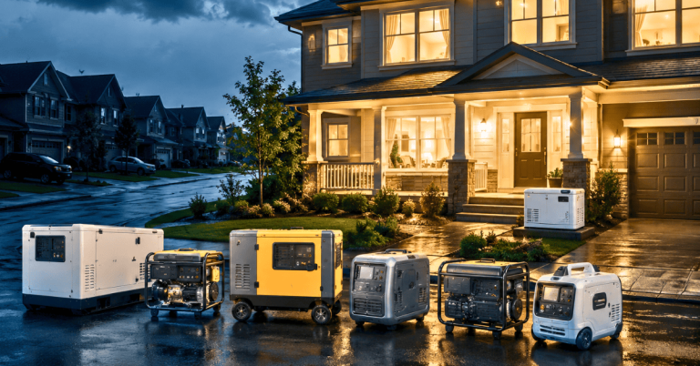 Best 10 small diesel generators for home backup power displayed in front of a modern house during a neighborhood power outage