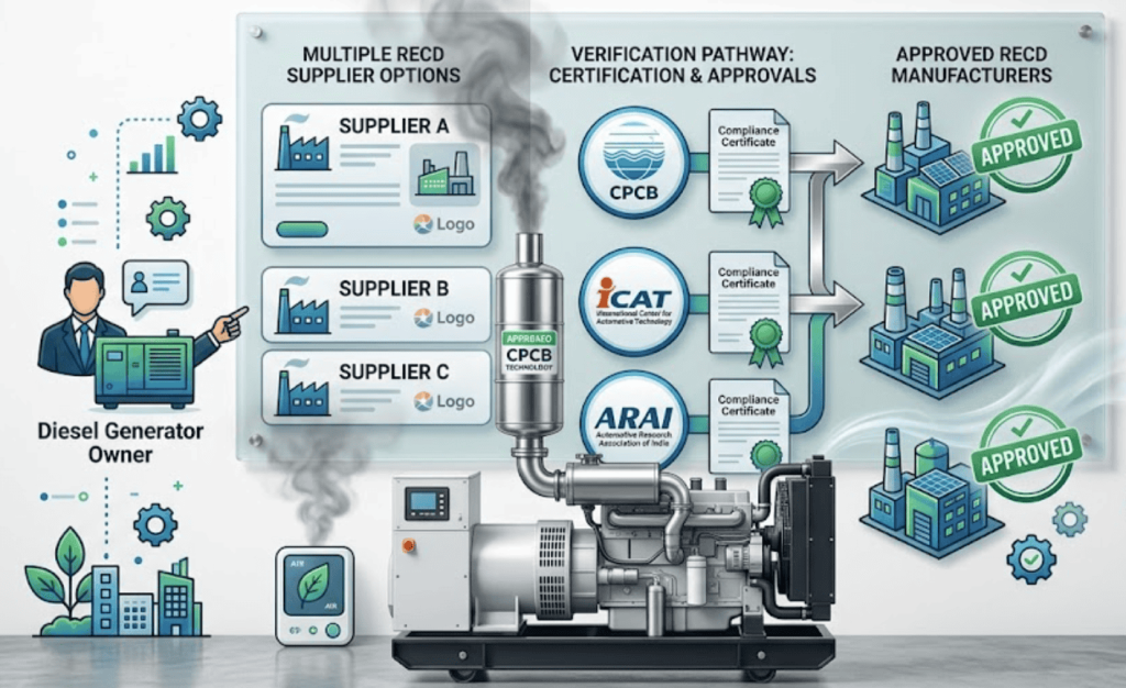 Infographic showing the process of selecting CPCB authorised RECD manufacturers for diesel generator emission compliance in India, featuring certification pathways from CPCB, ICAT, and ARAI.