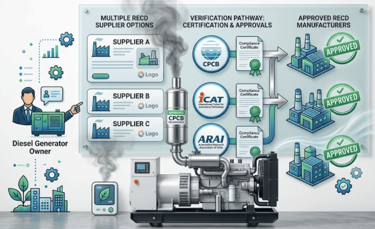 Infographic showing the process of selecting CPCB authorised RECD manufacturers for diesel generator emission compliance in India, featuring certification pathways from CPCB, ICAT, and ARAI.