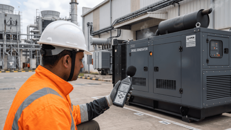 Engineer measuring CPCB noise level of a diesel generator using a sound level meter at one metre from the acoustic enclosure.