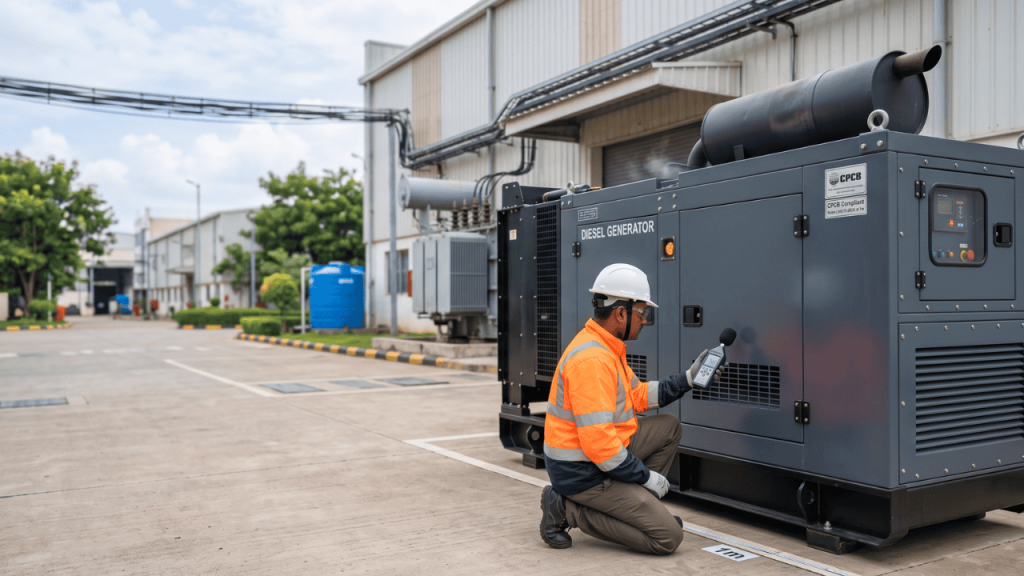 Engineer measuring diesel generator noise using a sound level meter to verify CPCB noise standards with an acoustic enclosure.