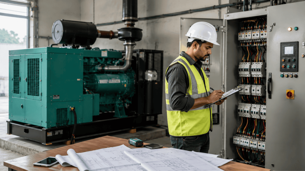 Electrical engineer inspecting a diesel generator control panel and calculating DG set capacity using electrical load calculations in an industrial facility.