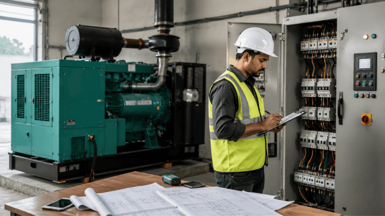 Electrical engineer inspecting a diesel generator control panel and calculating DG set capacity using electrical load calculations in an industrial facility.