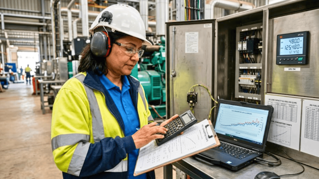 Engineer calculating diesel generator fuel consumption using a calculator, control panel, and laptop to monitor DG set performance.