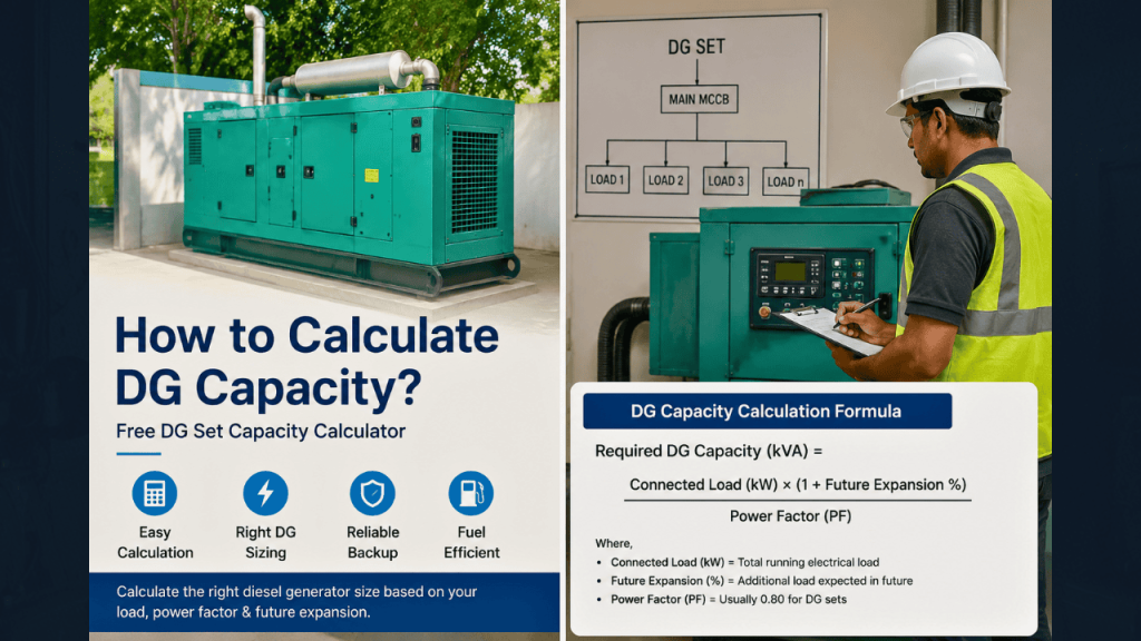 Electrical engineer calculating diesel generator capacity beside an industrial DG set using the DG Set Capacity Calculator based on connected load, power factor and future expansion.