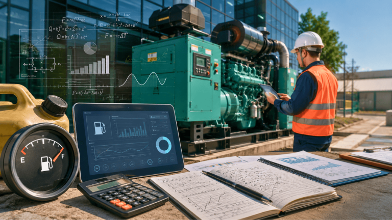 Engineer calculating diesel generator fuel consumption using a DG set, fuel gauge, calculator, and digital dashboard at a commercial facility.