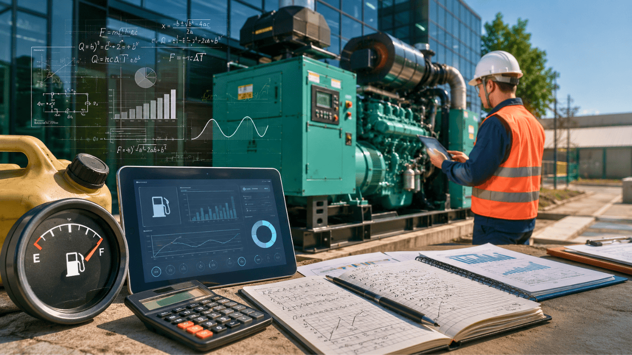 Engineer calculating diesel generator fuel consumption using a DG set, fuel gauge, calculator, and digital dashboard at a commercial facility.