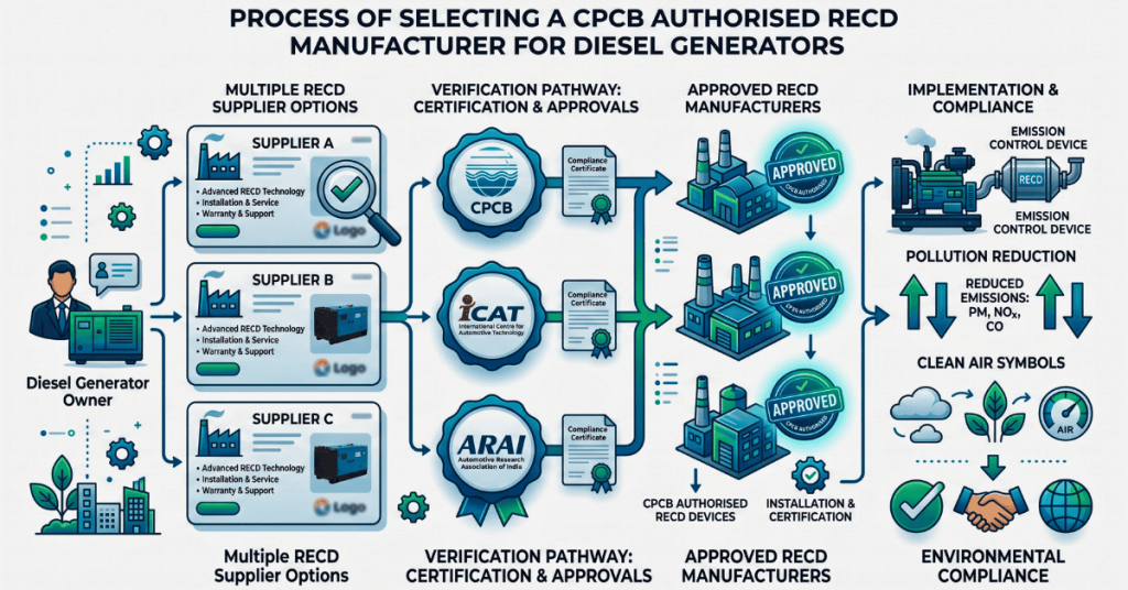 Infographic detailing the process of selecting a CPCB authorised RECD manufacturer for diesel generators, outlining the verification pathway through CPCB, ICAT, and ARAI certifications.