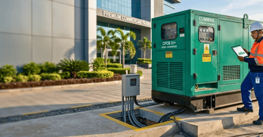 Cummins CPCB 4 diesel generator installed outside a commercial building with an engineer inspecting the CPCB IV+ compliant genset