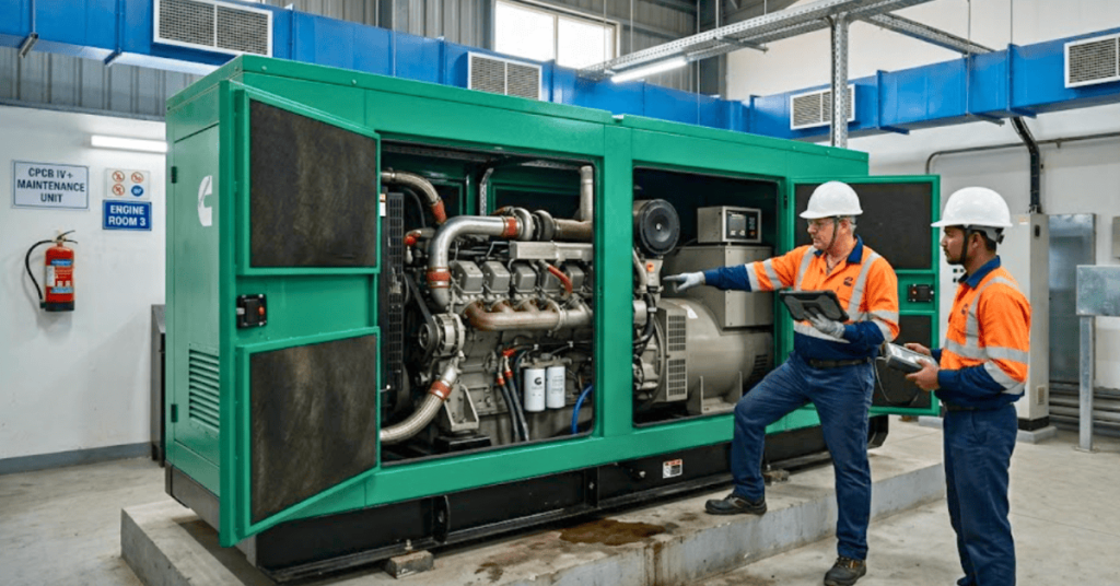 Engineers performing maintenance on a Cummins CPCB 4 diesel generator with the canopy open, showing the CPCB IV+ compliant engine and alternator