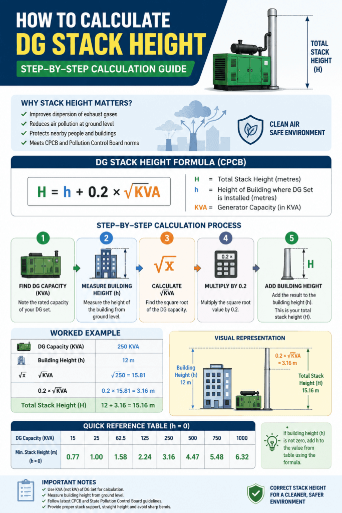 How to calculate DG stack height step by step using CPCB formula infographic for diesel generator exhaust stack