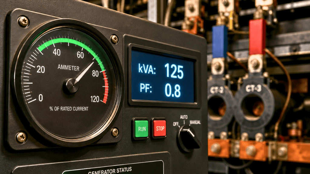 Close-up of a diesel generator control panel showing an ammeter, kVA reading, power factor display, and current transformers for generator current calculation.