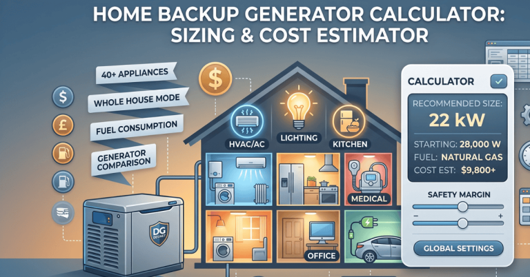 Home Backup Generator Calculator showing whole house generator sizing, wattage calculation, fuel consumption, and generator cost estimator.