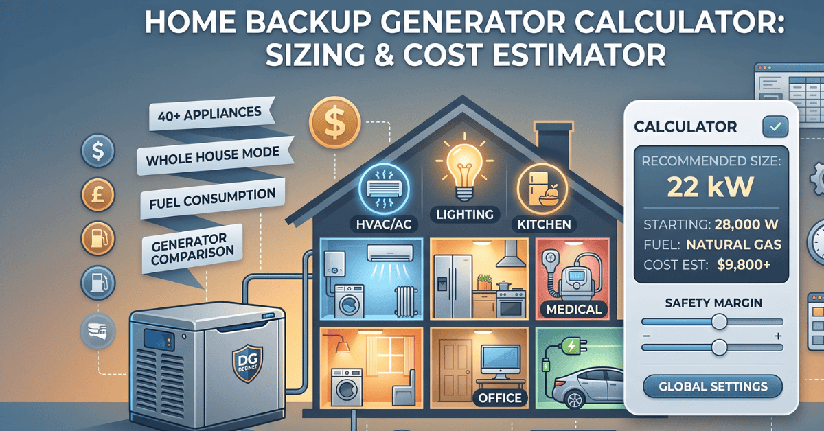 Home Backup Generator Calculator showing whole house generator sizing, wattage calculation, fuel consumption, and generator cost estimator.