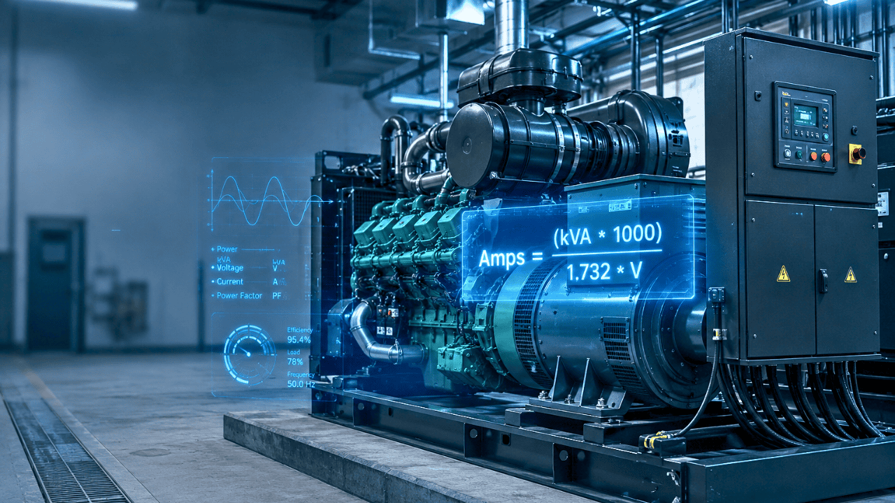 Industrial diesel generator with alternator and digital display showing the formula to calculate generator current from kVA using voltage.