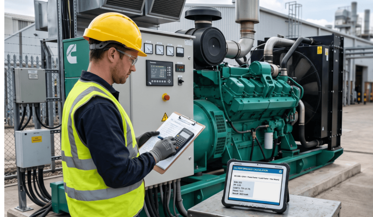 Engineer calculating kWh from a diesel generator using generator kVA, power factor, load percentage and running hours