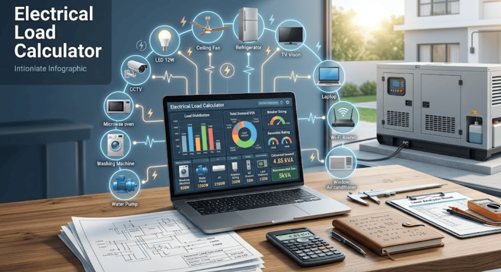Electrical load calculator showing how to calculate the connected load for selecting the right Kirloskar generator 5kVA for home, office and commercial applications.