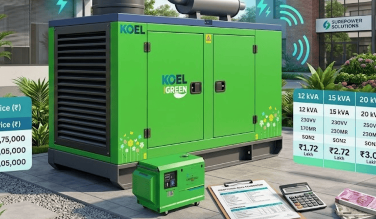 Kirloskar generator 5kVA price list India showing a silent diesel generator with estimated price range for home and commercial power backup.