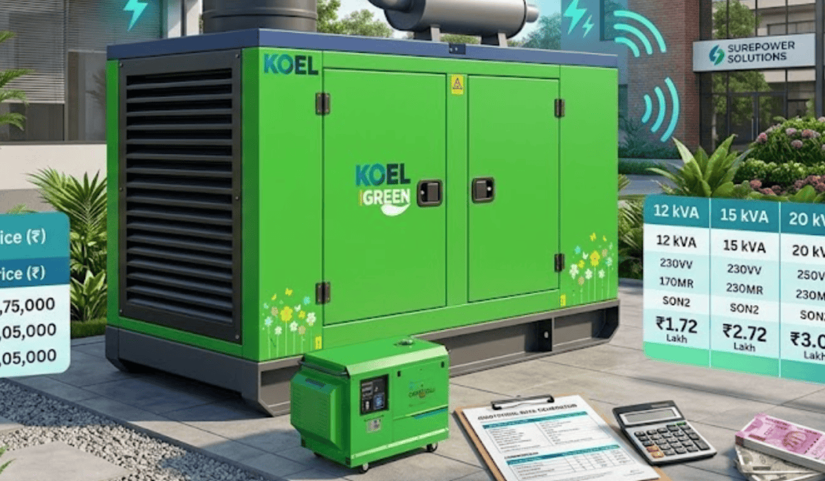 Kirloskar generator 5kVA price list India showing a silent diesel generator with estimated price range for home and commercial power backup.