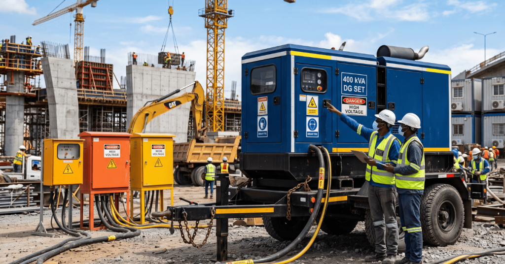 Trolley mounted DG set on heavy-duty trailer at a construction site