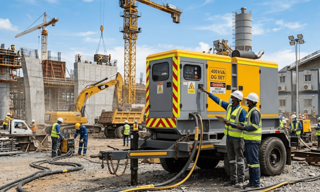 400 kVA trolley mounted DG set supplying power to cranes, welding equipment, and construction machinery at an infrastructure project