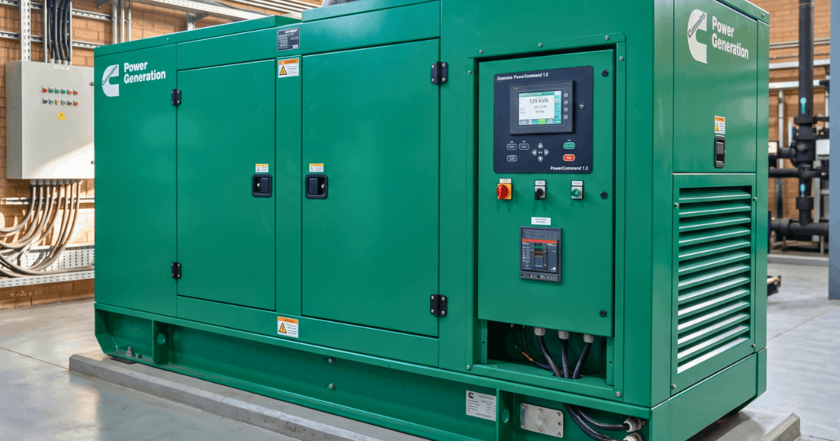 125 kVA Cummins generator in a sound-attenuated enclosure