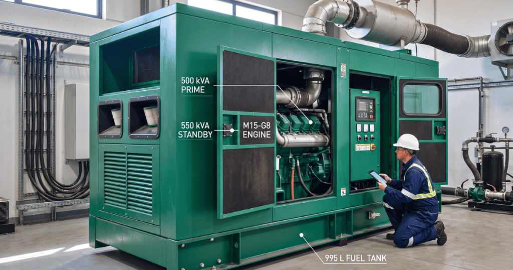 Cummins 500 kVA DG set with M15-G8 engine and 995 litre fuel tank